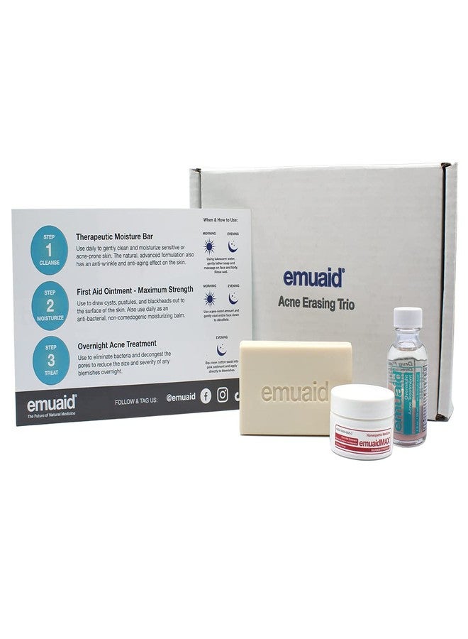 EMUAID Acne Erasing Trio - Therapeutic Moisture Bar, Overnight Acne Solution, EMUAIDMAX First Aid Ointment - Skincare Set Targets Cystic Acne, Clears Blackheads, Helps Improve Acne Scars & Blemishes - Image 1